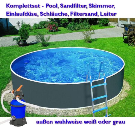 SET Schwimmbecken weiß/anthrazit 3.60 m x 0.90 m inkl. Sandfilter, Leiter Skimmer etc.